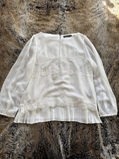 Mint Velvet Women's Long Sleeve Blouse Ivory Cream Size 18 Silk and Lace, Lined.