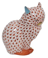 Herend Cat Rust Fishnet Blue Inner Ears Gold Accents Hand Painted 5383 Rare 