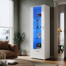 Modern White Display Cabinet High Gloss RGB LED Cupboard Tall Storage Sideboard