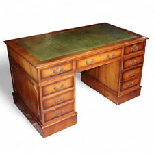 Vintage Yew Pedestal Leather Top Writing Desk