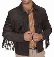 Men Suede Leather Western Cowboy Style Jacket Front & Back Fringe - Dark Brown