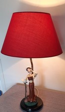 Vintage Table Lamp Ceramic Lady On Wood Plinth With Shade