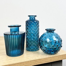 Blue Coloured Glass Bud Vase Set of 3 Small Vintage Wedding Table Home Decor
