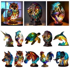 NEW Stained Resin Animal Night Light Owl Stained Glass Bedside Decorate Ornament