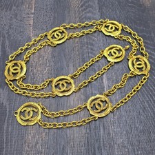 CHANEL Gold Plated CC Logos Round Charm Vintage Chain Belt #1129c Rise-on