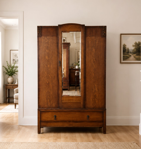 Antique oak mirrored wardrobe - mirrored,