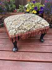 Small FootStool Vintage Tapestry Covered Stool Sherborne Tassels Queen Anne Legs