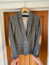 Zara Wool Tweed Blazer Jacket Size M Grey Check Elbow Patches Hacking Country