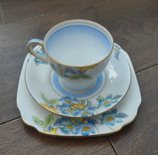 Vintage 30s Art Deco Bell China Tea Trio Cup, Saucer & Plate Blue Yellow Floral
