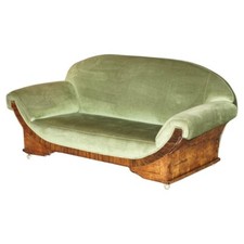 STYLISH ANTIQUE ART DECO CIR 1920 BURR WALNUT GREEN VELOUR SOFA PART OF A SUITE