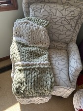 Warm Soft Cozy Chunky Knit Blanket Sage & Cream Throw Blanket