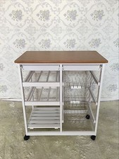 White Wooden MDF & Bamboo Kitchen Trolley Island Dining Cart Worktop Basket 