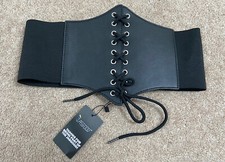 Extra Wide Black Elastic And Faux Leather Laced Belt With Popper Fastening