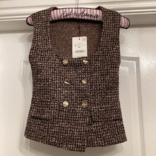 Zara Textured jacquard Waistcoat top with buttons BNWT size S Burgundy/gold