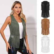 Womens Faux Suede Tassel Vest Fringe Waistcoat Jacket Cowgirl 70s Hippie Costume