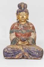 Large 19th Century Chinese Wooden Polychrome Buddha With Gilded Highlights 73cm