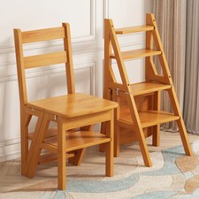 3 IN 1 Folding Step Ladder Wooden Step Stool Portable 4-Step Ladder Display Rack