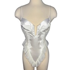 Vintage White Satin Lace Ruffle Underwire Teddy Bodysuit Sheer Back Lingerie
