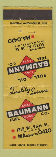 Matchbook cover baumann coal - baumann,