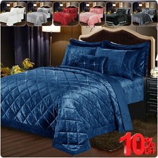 Diamante Quilted Crushed Velvet Luxury Bedspread Throw Over Pillow Shams Cushion