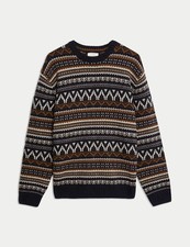 Mens Ex M&S Relaxed Lambswool Blend Fair Isle Crew Neck Jumper Size XS-4XL BNWOT