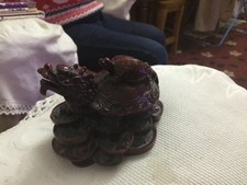 Chinese / Oriental Dragon Turtle and Baby Statue, Cherry Red, Resin Antique