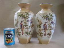 Pair of Antique Crown Ducal Vases ~ Blush Ivory / Exotic Birds / Butterflies
