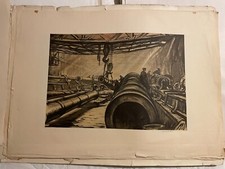 Antique WW1 Etching - Moving Heavy Gun Tubes - Sir Muirhead Bone