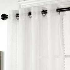 1 Pair (2) POM POM Trim Linen Look Sheer Voile Eyelet Ring Top Curtains - WHITE