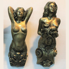 2 MARINE golden SIREN FIGUREHEAD BUSTS STATUE SHIP MERMAID SEA BOATS SAILORS art