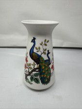 Ceramic Vase with Two Beautiful Blue Peacocks Green Foliage & Red Flowers 