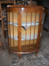 Antique 1950s walnut veneer bow fronted display cabinet