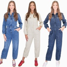 M&S Womens Denim Utility Jumpsuit Long Sleeve Indigo Blue Cream Ecru Zip Up
