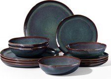 Homikit 12-Piece Dinner Set, Reactive Glaze Stoneware Blackish Green 