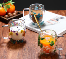Double Walled 390 ML Glass Cups Dried Flower Insulated Coffee Mug with Handle