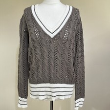 Paul Costelloe Jumper Size M Brown Aran Cable Knit V Neck Chunky Sweater Cotton