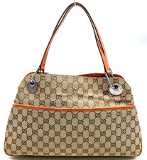 Authentic Gucci 121023 GG Canvas Leather Beige Orange Tote Bag NS100527
