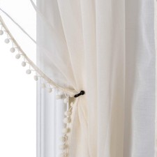 Linen Look Pom Pom Tasseled Sheer Curtains - Rod Pocket Voile Semi-Sheer Curt...