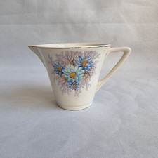 Vintage Hughes Longport England Cream Jug Milk Pitcher Blue Floral Gold Trim