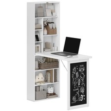 HOMCOM Folding Convertible Desk with Blackboard and Bookshelf, White
