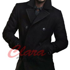 Men's Wool Navy Pea Coat Double Breasted Military Style Marine Black Overcoat