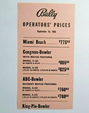 Bally Operators Prices List Arcade Game & Bingo Pinball Sept 10 1955 Miami Beach