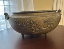 Heavy Antique Japanese Bronze Metal Hibachi Brazier Cache Pot Planter Footed