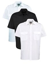 BLACK BLUE or WHITE Easy Iron Short Sleeve Pilot Shirt with Epaulette tabs