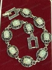 Art Deco Inspired Opalite Opal&Marcasite Glass Crystal Antique SIlver BRACELET