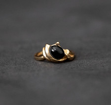 💍Vintage 1980s Sculptural Gold Ring Black Cabochon Modernist Size 6.5 Ring