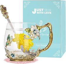 Enamel Flower Glass Tea Cup, Mugs with Spoon, Birthday Gifts for Women