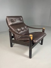Vintage Danish Lounge Chair Brown Leather Sling Arms Retro MCM EB6867 MNOR
