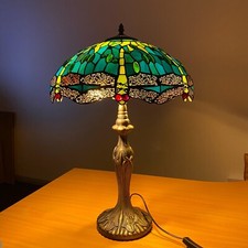 TIFFANY TABLE LAMP 16 INCH GREEN DRAGONFLY STYLE STAINED GLASS SHADE HOME DECOR