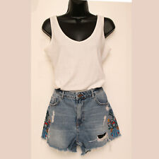 Zara Denim Embroidery High Waist Distressed Cut Offs Shorts Size 12 Eur 40 Boho